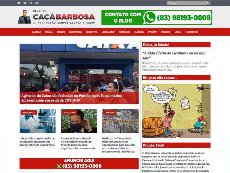 Projeto de comunicação desenvolvido pela Sites PB para Blog do Cacá Barbosa