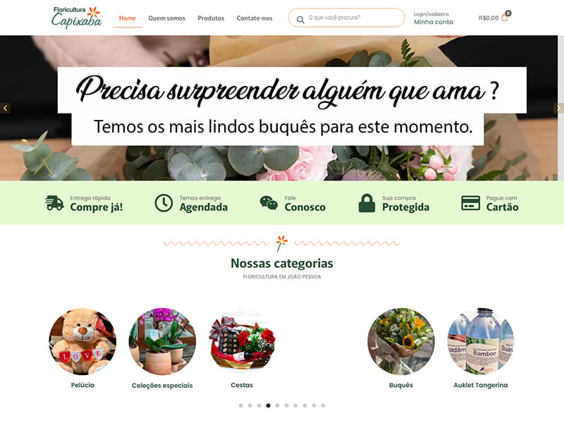 Projeto de presentes e decoração desenvolvido pela Sites PB para Floricultura Capixaba