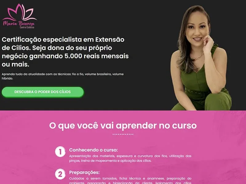 Projeto de moda e beleza desenvolvido pela Sites PB para Landing curso extensão de cílios